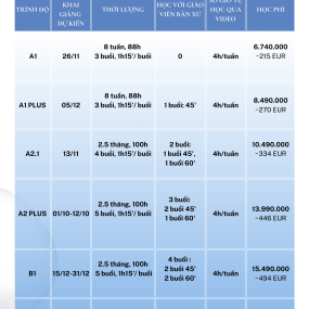 CÁC KHÓA HỌC TIẾNG PHẦN VÀ HỌC PHÍ 